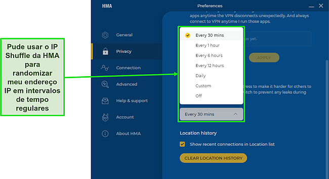 Captura de tela do recurso IP Shuffle do HMA destacando a frequência para a qual você pode configurá-lo.