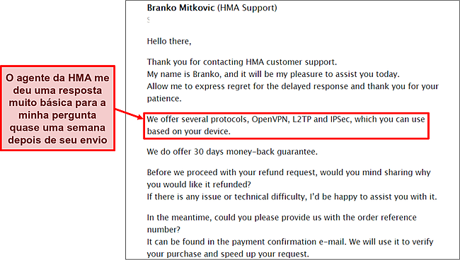 Captura de tela da equipe de suporte por e-mail do HMA.