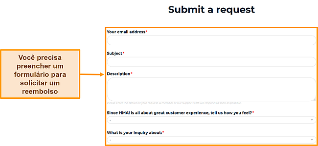 Captura de tela do formulário de solicitação do HMA destacando quais campos precisam ser preenchidos para solicitar um reembolso.