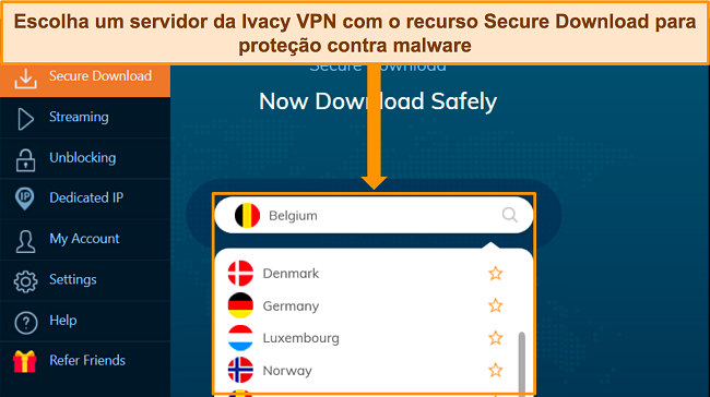 Captura de tela do aplicativo Ivacy VPN para Windows destacando as opções de servidor para o recurso Download seguro.