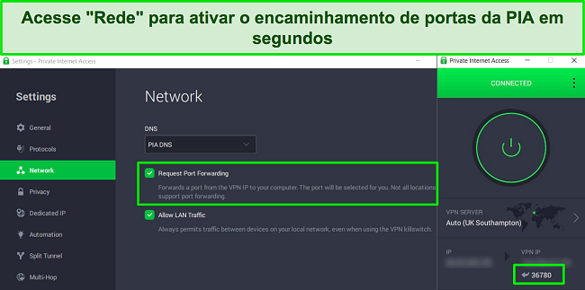 Captura de tela do aplicativo Windows do PIA mostrando como ativar o encaminhamento de porta no menu de configurações de rede.