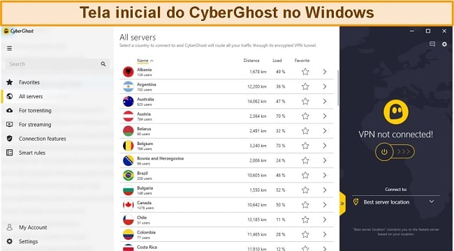 Tela inicial expandida do CyberGhost no aplicativo do Windows