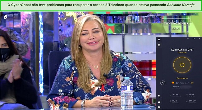 Imagem da Telecinco jogando direto com o CyberGhost em primeiro plano conectado a um servidor espanhol