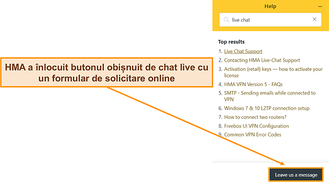 Captură de ecran a chatbot-ului HMA care evidențiază faptul că a înlocuit opțiunea de chat live.