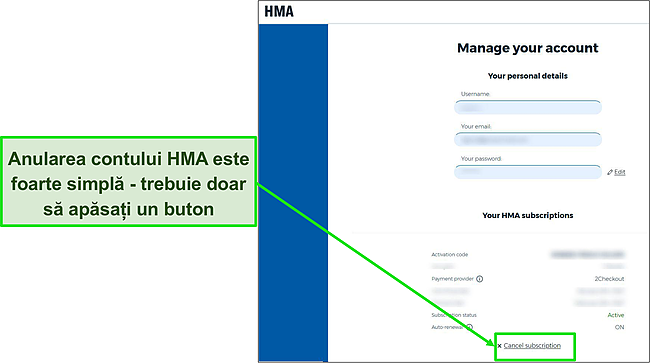 Captură de ecran a opțiunilor contului HMA, evidențiind ce buton să apăsați pentru a anula abonamentul.