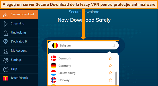 Captură de ecran a aplicației Ivacy VPN pentru Windows care evidențiază opțiunile de server pentru funcția de descărcare securizată.