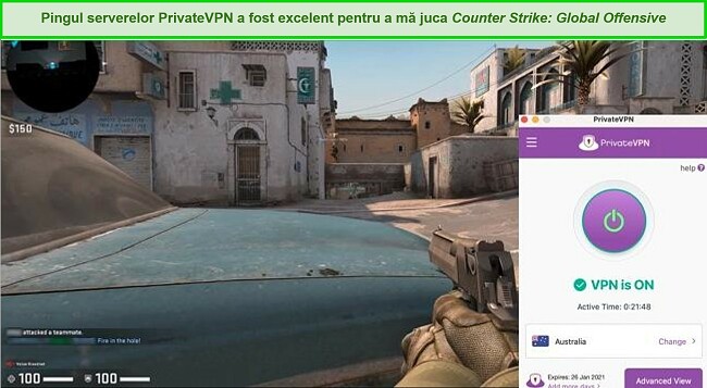 Captură de ecran a unui Counter Strike: Global Offensive cu PrivateVPN conectat