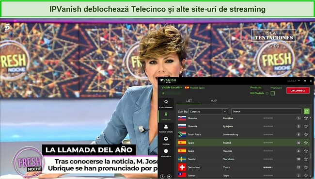 Captură de ecran care arată fluxul live al Telecinco cu IPVanish conectat în prim plan