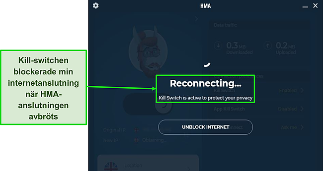 Skärmdump av HMA:s Kill Switch som skyddar min trafik under ett anslutningsavbrott.