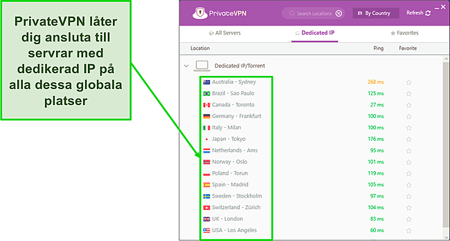 Skärmdump av PrivateVPN Dedikerad IP-servermeny i Windows.