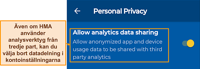 Skärmdump av alternativ för datadelning aktiverat som standard på HMA:s Android-app.