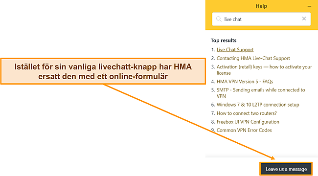 Skärmdump av HMA:s chatbot som markerar att den ersatte livechattalternativet.