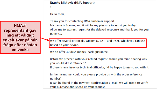 Skärmdump av HMA:s e-postsupportteam.
