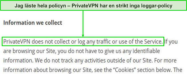 Skärmdump av PrivateVPNs integritetspolicy på sin webbplats.
