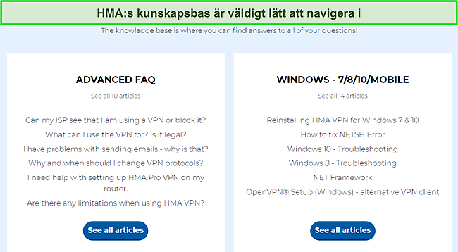 Skärmdump av HMA:s Knowledge Base-sida som markerar tillgängliga FAQ-kategorier.