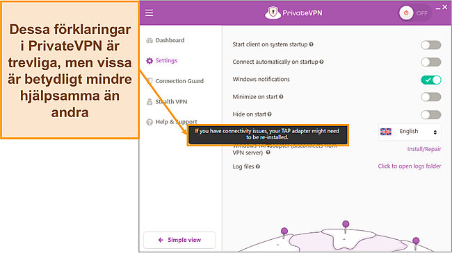 Skärmdump av förklaringar i PrivateVPNs inställningsmeny.