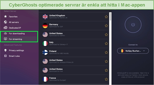 CyberGhost utökad startskärm på Mac