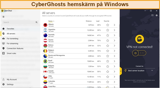 CyberGhost utökad hemskärm på Windows-appen