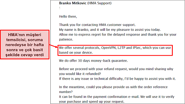 HMA'nın e-posta destek ekibinin ekran görüntüsü.