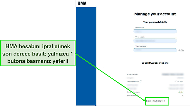 Aboneliği iptal etmek için hangi düğmeye basılacağını vurgulayan HMA hesap seçeneklerinin ekran görüntüsü.