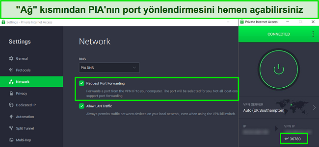 Ağ ayarları menüsünde bağlantı noktası yönlendirmenin nasıl açılacağını gösteren PIA'nın Windows uygulamasının ekran görüntüsü.