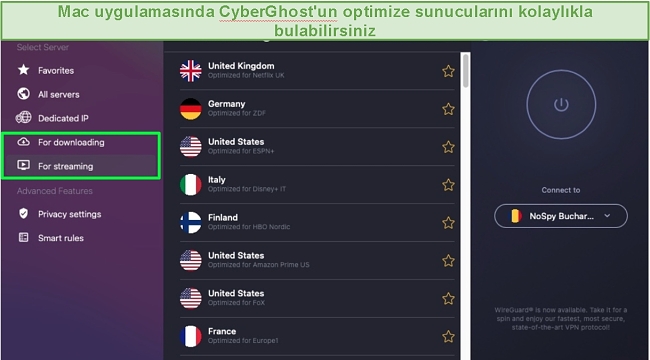 Mac'te CyberGhost genişletilmiş ana ekran