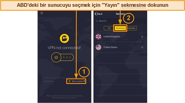 iPhone'da CyberGhost ana ekranı ve sunucular ekranı