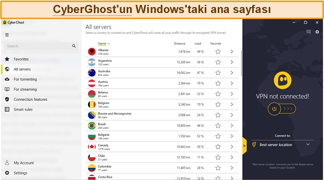 Windows uygulamasında CyberGhost genişletilmiş ana ekran