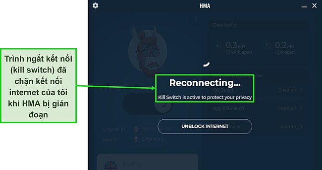 Ảnh chụp màn hình Kill Switch của HMA bảo vệ lưu lượng của tôi khi kết nối bị rớt.