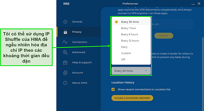 Ảnh chụp màn hình tính năng IP Shuffle của HMA nêu bật tần suất bạn có thể đặt.