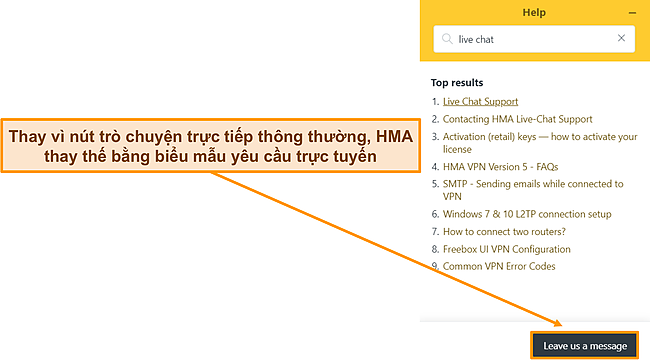 Ảnh chụp màn hình chatbot của HMA nêu bật rằng nó đã thay thế tùy chọn trò chuyện trực tiếp.