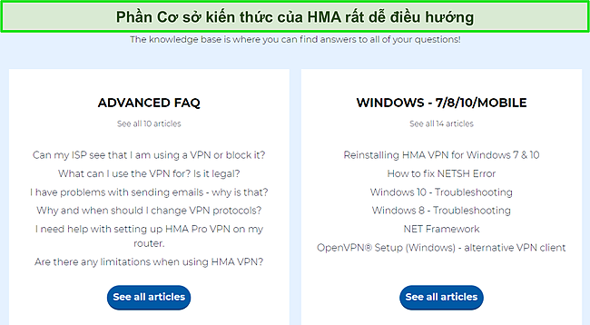 Ảnh chụp màn hình trang Cơ sở Kiến thức của HMA nêu bật các danh mục Câu hỏi thường gặp có sẵn.