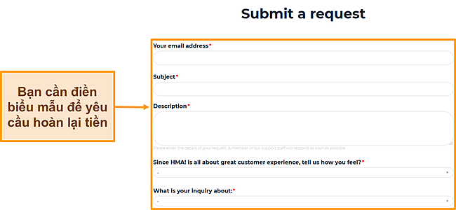 Ảnh chụp màn hình biểu mẫu yêu cầu của HMA nêu bật các trường cần điền để yêu cầu hoàn lại tiền.