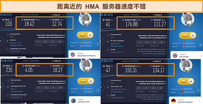 在 4 个不同的 HMA 服务器上进行的速度测试的屏幕截图。