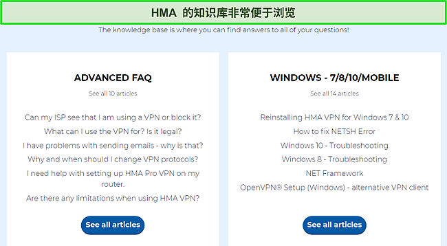 HMA 知识库页面的屏幕截图，突出显示了可用的常见问题类别。