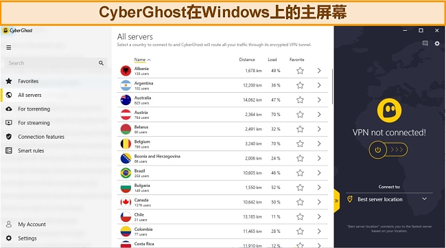 Windows 应用程序上的 CyberGhost 扩展主屏幕