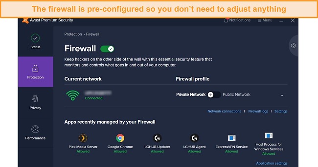 Screenshot of Avast's firewall settings tab