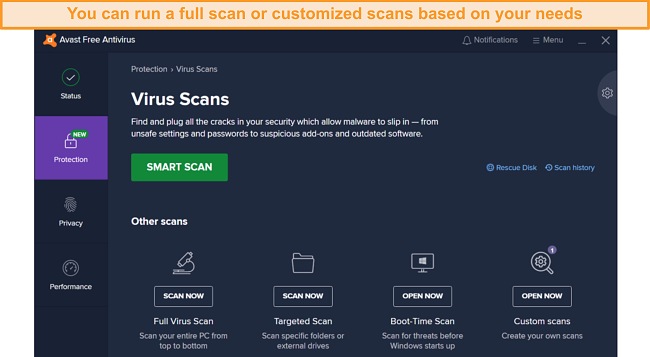 Screenshot of Avast scanning options