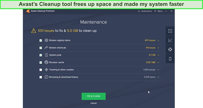 Screenshot of Avast's Cleanup scan page