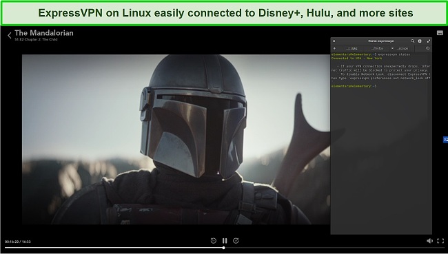 Screenshot of The Mandalorian streaming on Disney+ while ExpressVPN is connected in the Linux terminal