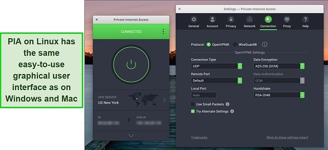 Screenshot of PIA's graphical interface in Linux