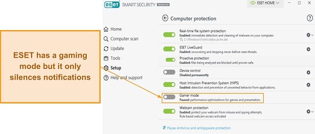 ESET's gaming mode toggle