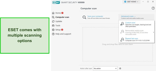 Screenshot of ESET's virus scanning options