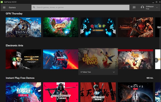 Captura de pantalla de la lista de juegos de GeForce NOW