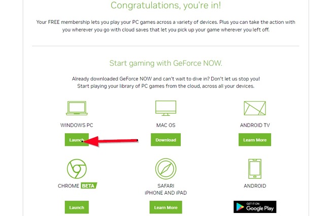 Екранна снимка на бутоните за стартиране на GeForce NOW