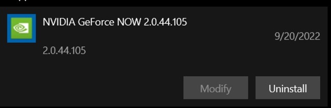Екранна снимка за деинсталиране на GeForce NOW