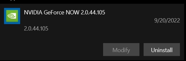 Captura de pantalla de desinstalación de GeForce NOW