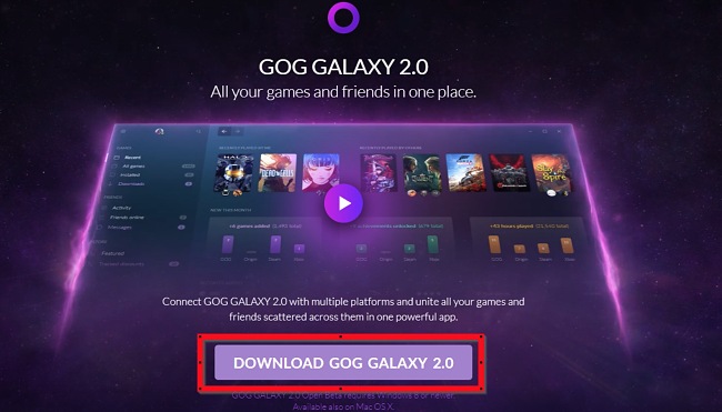 Zrzut ekranu strony pobierania GOG Galaxy