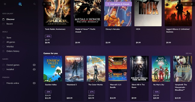 Zrzut ekranu z listą gier GOG Galaxy