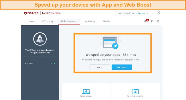 Screenshot of McAfee's App and Web Boost tab